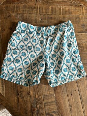 LOFT Teal Embroidered Riviera Shorts on Cream-100% Linen